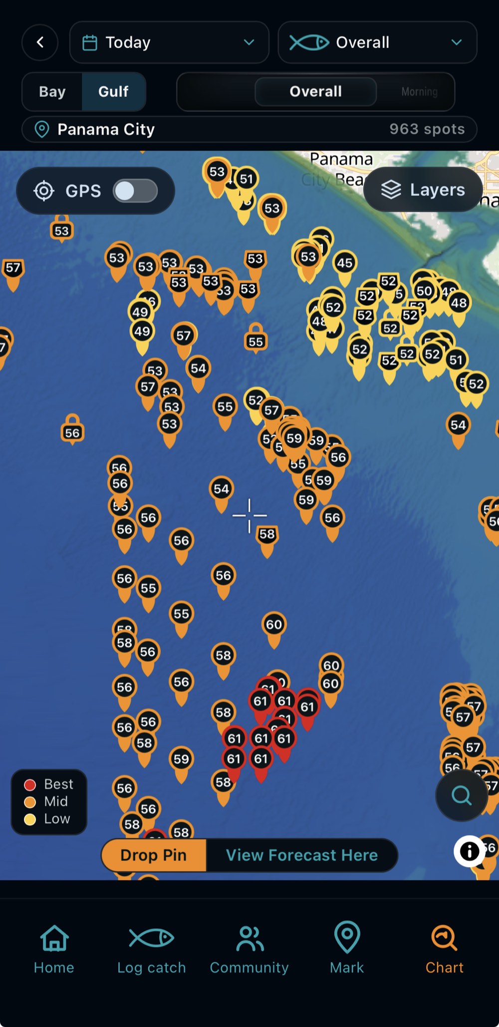 OpenReel spot map — 963 scored spots off Panama City